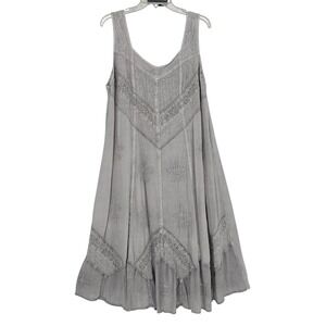 HolyClothing Embroidered Midi Dress 4X Gray Boho Smocked Back Renaissance Fairy
